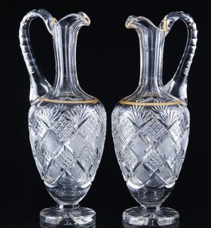 SUPERB PAIR ANTIQUE BACCARAT ST LOUIS FRENCH CUT CRYSTAL WINE EWER DECANTER JUGS