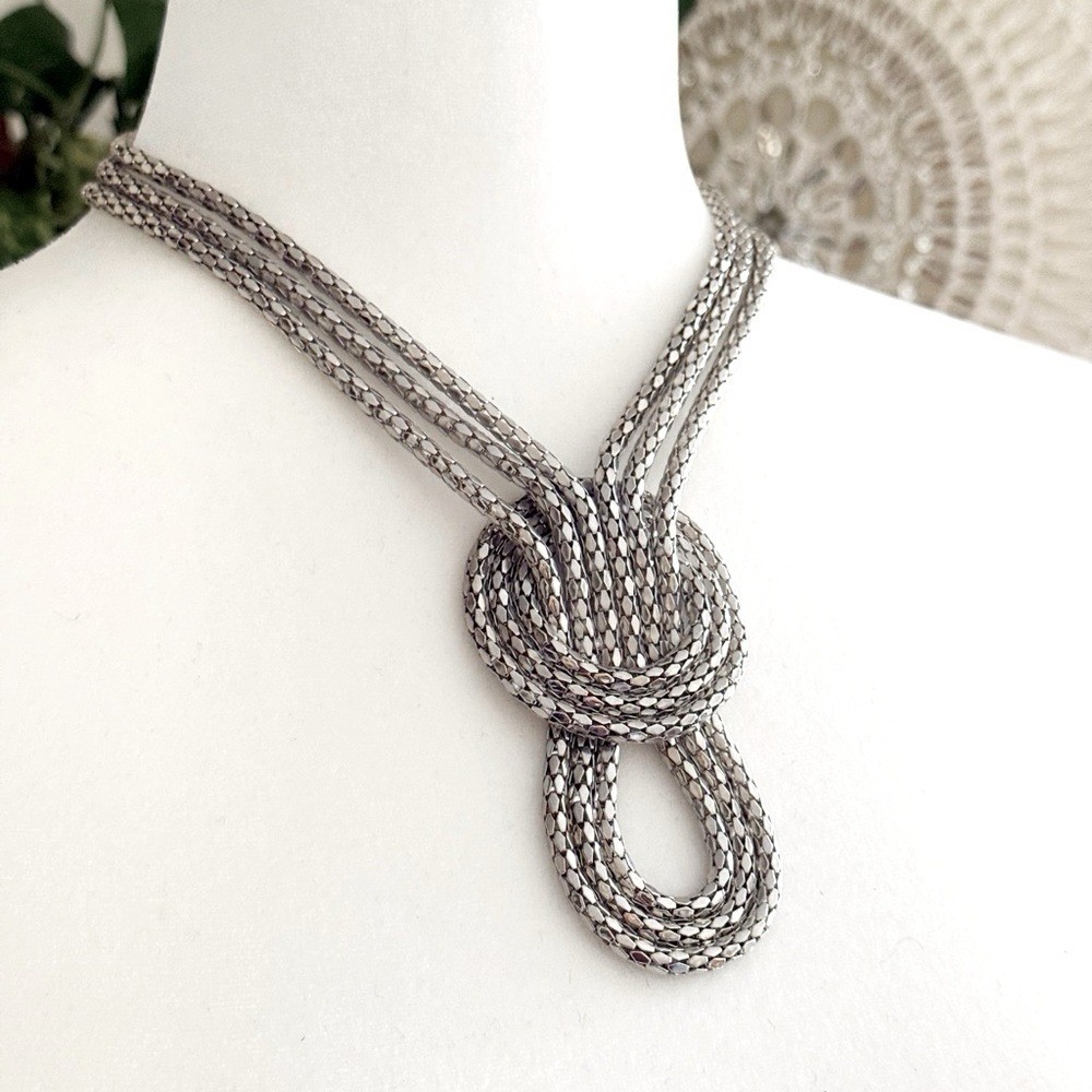 Knotted Silver Tone Multi Strand Statement Neckla… - image 3