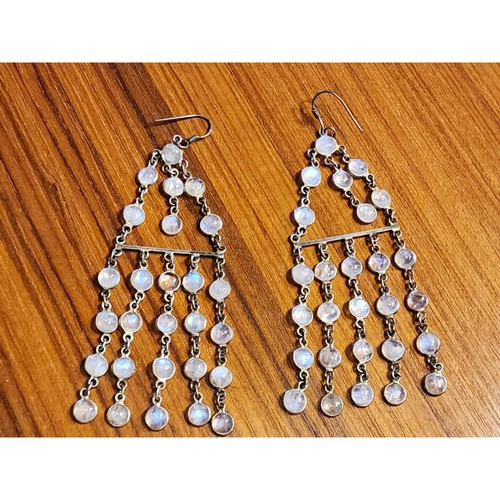 Sterling Rainbow Moonstone Chandelier Cabochon Earrings