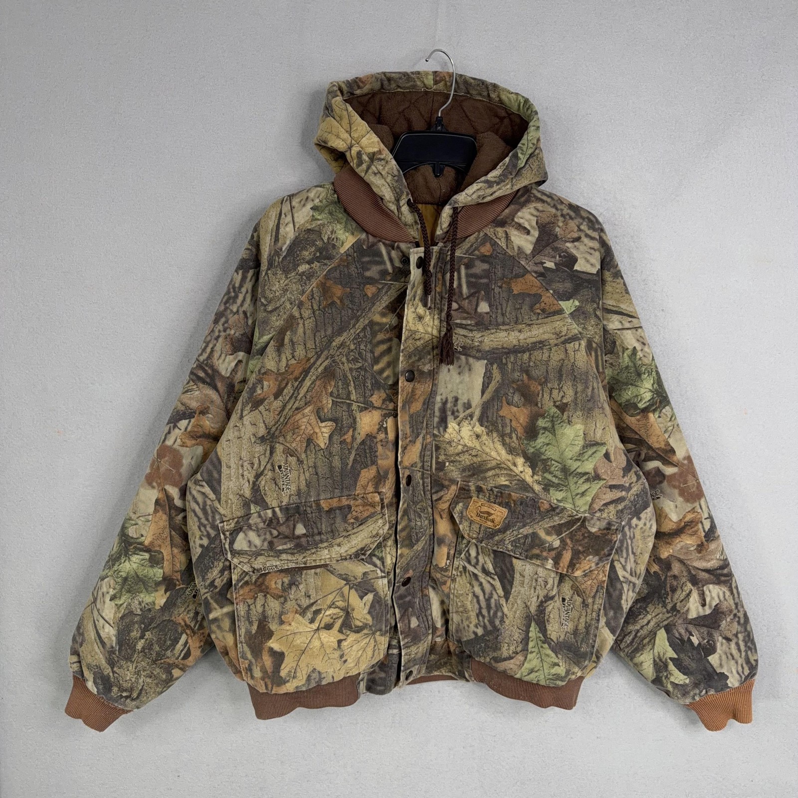 Vintage Duxbak Jacket Mens XL Brown Camo Bomber Hooded Insulated Hunting Outdoor