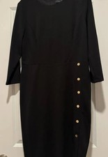 Ivy & Blue Classic Elegant Black Sheath Old Money Gold Buttons Midi  Dress 18