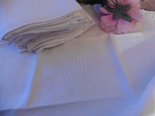 12 ANCIENNES SERVIETTES DE TABLE DAMASSE LIN BLANC"CC"OURLETS JOURS 52X60 CM