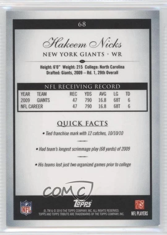 2010 Topps Tribute Blue Rainbow /89 Hakeem Nicks #68 - Image 2 of 2