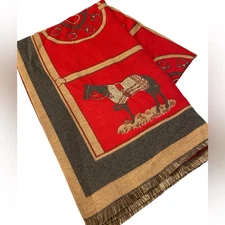 Equestrian Medieval Horse Pashmina Scarf Wrap Shawl Red Gray Tan