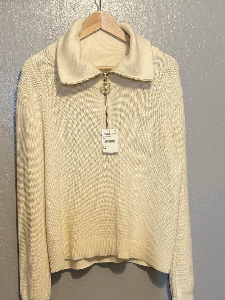 Свитер Michael Kors на молнии ребристый пуловер золотистая фурнитура кремовый размер большой - Изображение 2 из 4