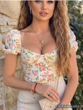 Zara Women  s Crop Top Bustier Corset Floral Puff Sleeve Yellow Cream L Boho Chic