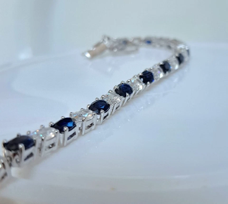 Blue Sapphire & Moissanite Oval Tennis Bracelet Platinum On Sterling Silver 7 In - Image 4 of 4
