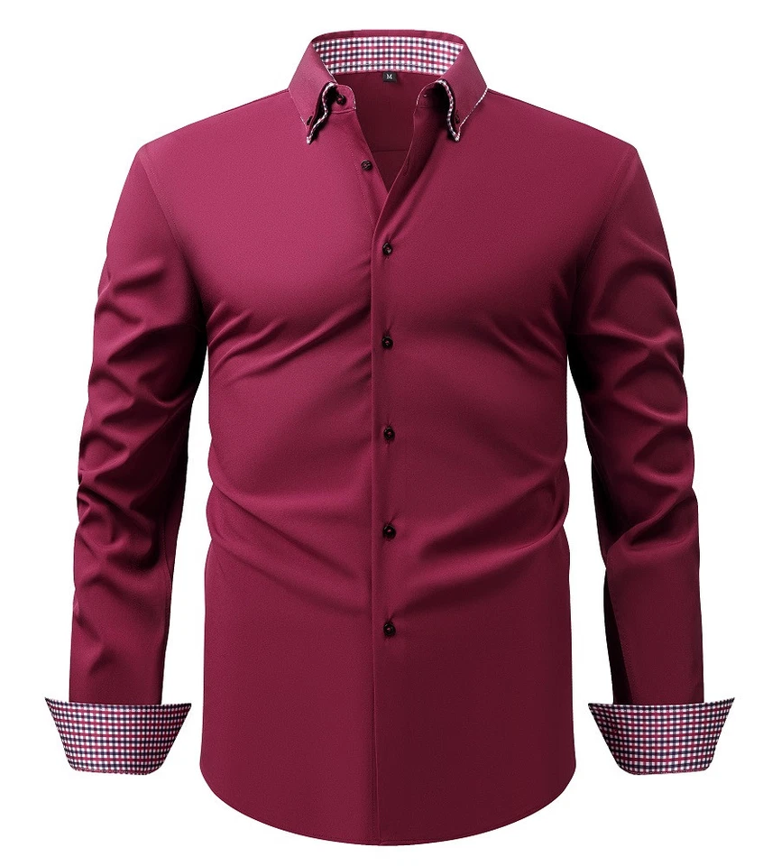 Mens Double Collar Dress Shirts Formal Long Sleeves Casual None Iron Shirts Tops - Image 4 of 4