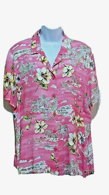 Graff Blouse Womens L Hawaiian Tropical Button-front Short Sleeve Pink Vintage