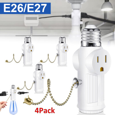 4Pack 3 Prong Light Socket to Plug Adapter with Pull Chain E26/E27 Light Socket
