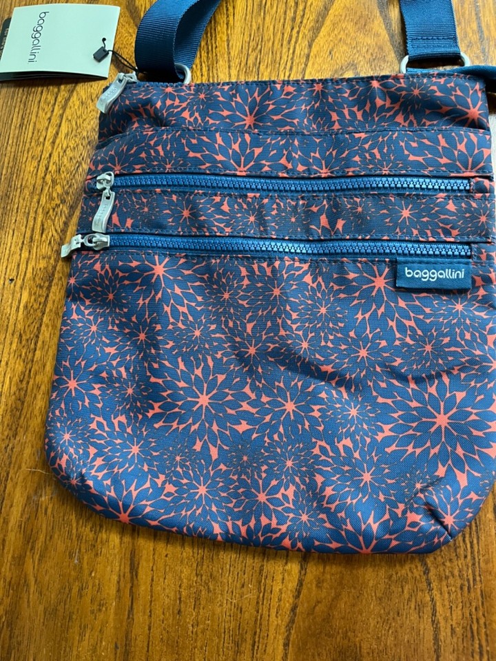 Baggallini COMRADE 3Zip Crossbody Purse Bag Blue & Reddish Orange