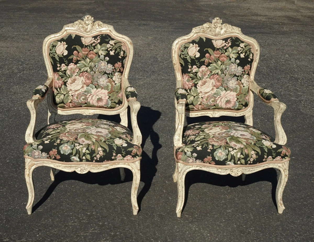 Pair Vintage French Louis XVI Floral Tapestry Ornate Accent Chairs