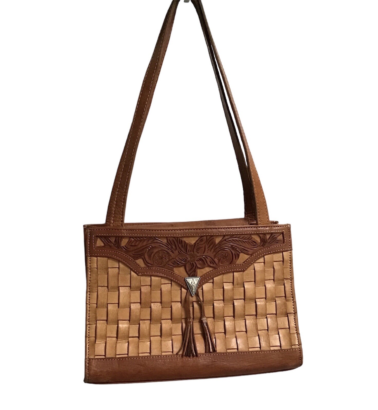 Vintage American West Hand Tooled Floral Leather Satchell Handbag Basket Weave image 2