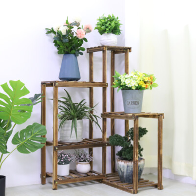 Durable 6 Tier Wood Plant Stands Garden Anti-Corrosive Flowers Pot Shelf Outdoor