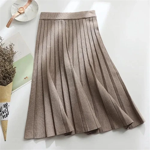 Women Knitted Midi Skirt Black A-Line High Waist Elegant Pleated Long Skirt - Picture 10 of 20