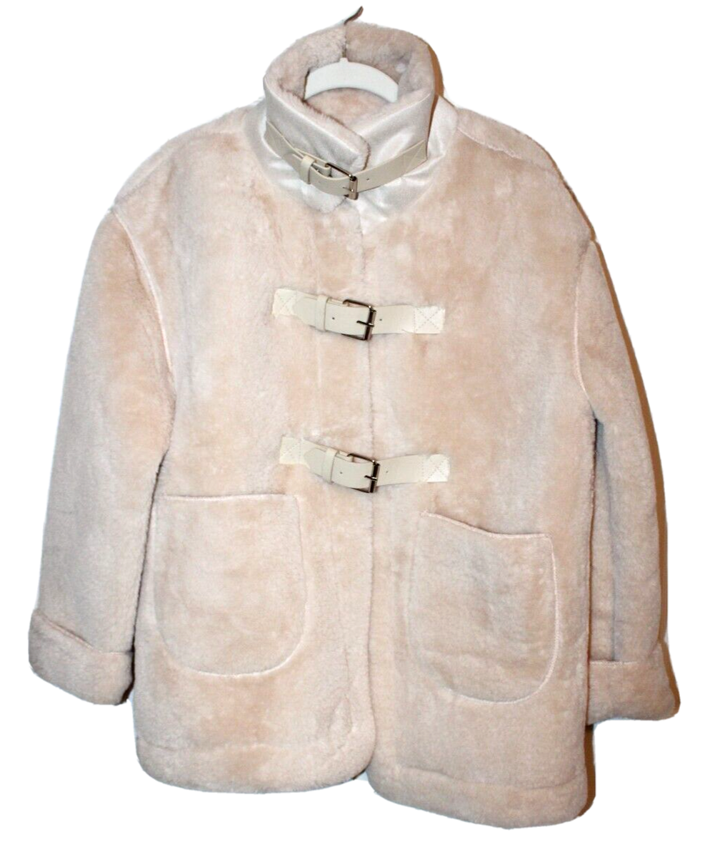 New HXJ Ivory Soft Thick Faux Fur Fleece Buckle Front Coat Jacket