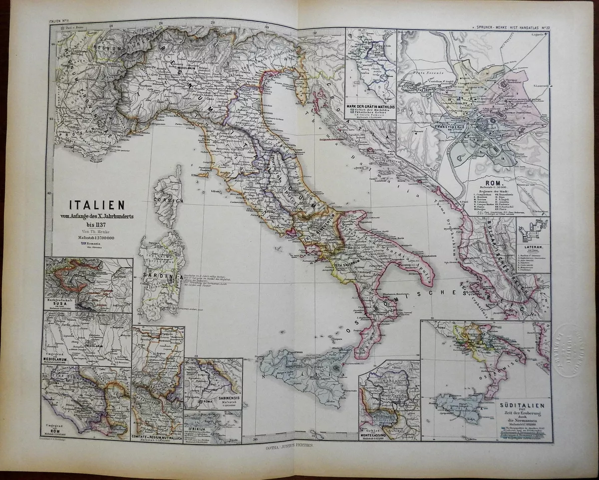 Medieval Italy Holy Roman Empire Norman Sicily 1880 Spruner detailed map