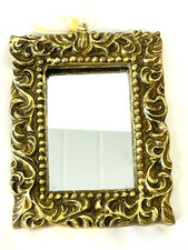 Vintage Small Gold Gilt Ornate Rectangle Molded Resin Mirror 4.25 Hanging Frame