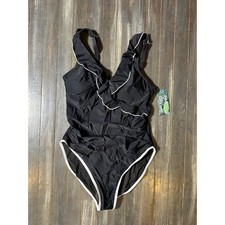 Womens Black Ruffle V-Neck One Piece Swimsuit Ruched Tummy Control Monokini NWT