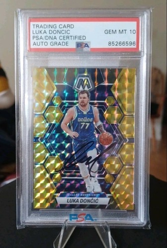 Luka Dončić Auto On Card 2023 Panini Mosaic GOLD PRIZM SP Card PSA 10