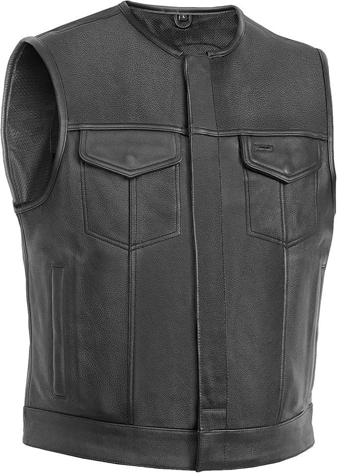 Men’s Leather Motorcycle Vest Black Design Biker Vest w/ Concealed Pocket S-5XL