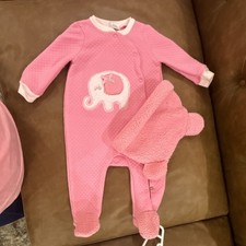 Quiltex 2 Piece Pink Quilted Elephant Coverall & Hat Set Long Sleeve Footed 3/6M