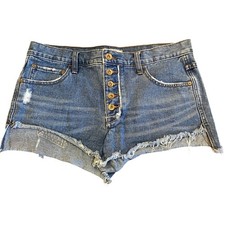 Free People Size 27 Blue Wash Button Fly Distressed Raw Hem Denim Shorts
