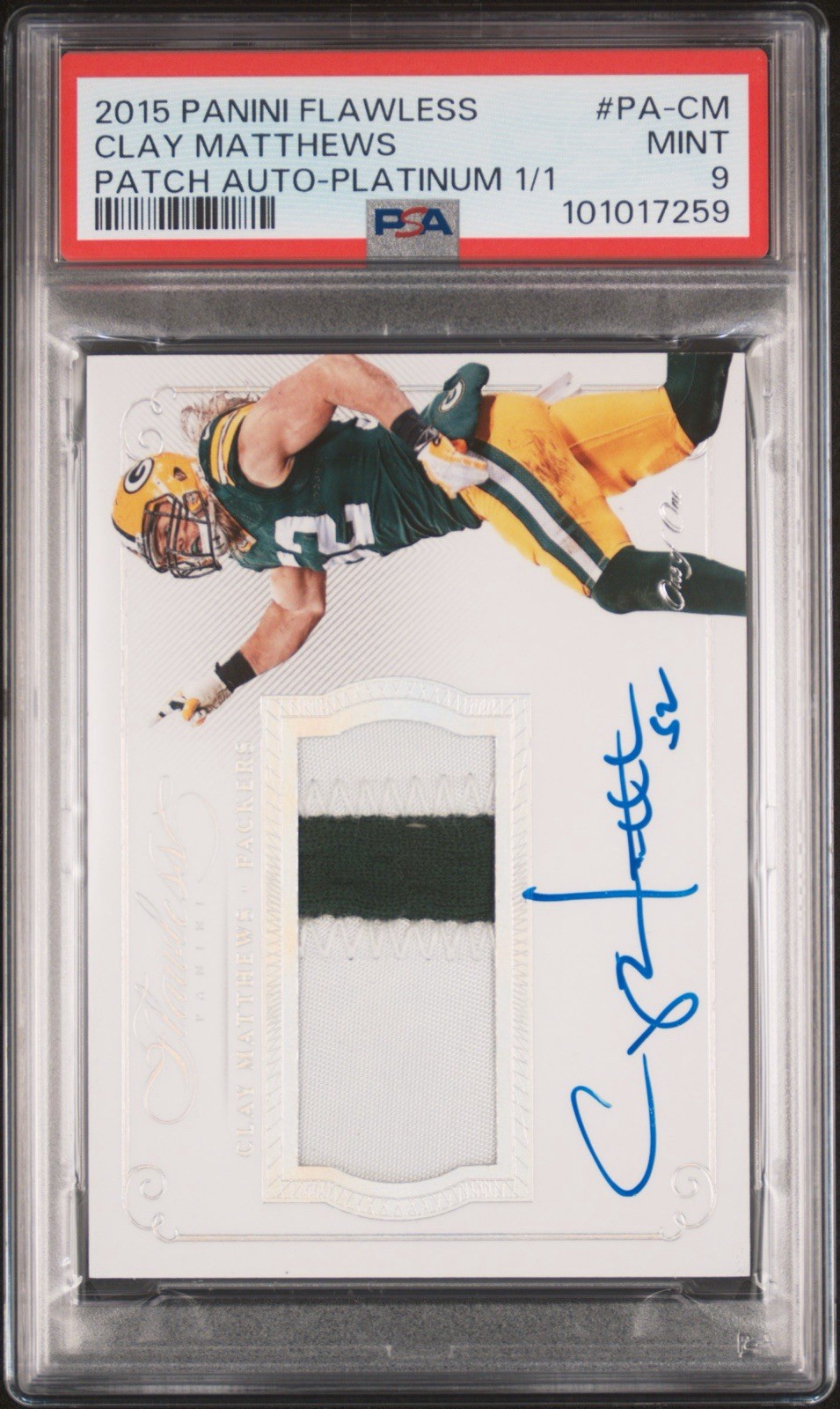 2015 Panini Flawless Platinum 1/1 Clay Matthews Patch Auto On Card PSA 9 1/1!! view 1