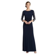 SLNY Dress Women's 14 Black Beaded Ruched 3/4 Sleeve Maxi Evening Formal Gown