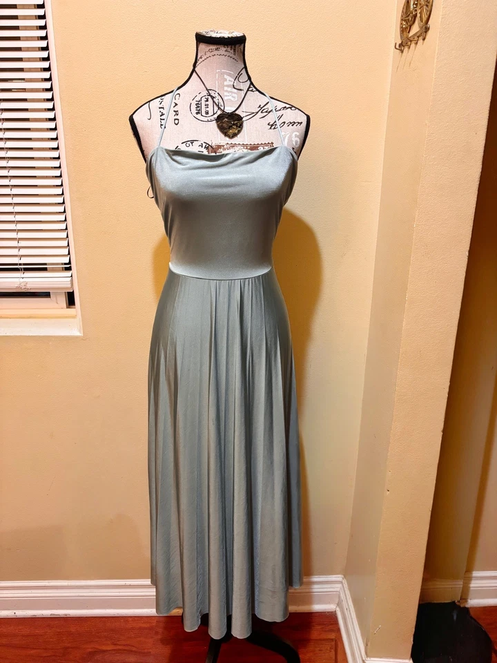 H&M Size L-XL Silk Maxi Dress Blue Sleeveless Formal Party Cocktail Gown - Image 2 of 4