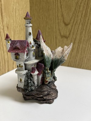 Green Dragon With Castle And Stone Cliff Resin Hand Painted 6 1/4  Tall 5  Wide
