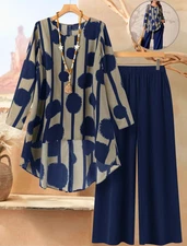 Plus Size 2PC Geometric Print Top & Pants Set LongSleeve Asymmetric Hem Casual