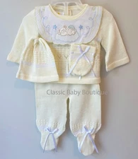 NWT Boutique Yellow 4pc Bear Knit Pant Set Newborn 0 Baby boys girls unisex Hat