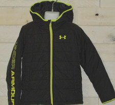 UNDER ARMOUR Jacket Black Puffer Hooded Logo Down Sleeve Boys 6