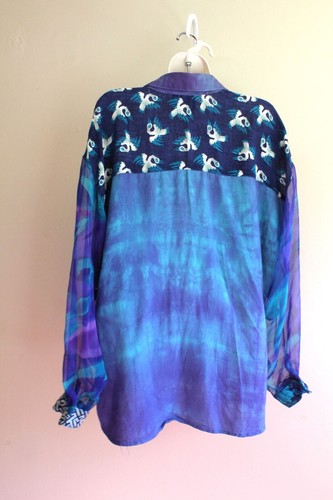 Patchwork Shirt Damen 1X Plus XL Blau Viskose Patchwork LS Vintage 90er Tina Hagan - Bild 4 von 4