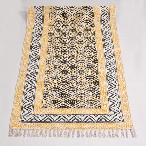 Alfombra Dhurrie de algodón amarillo con estampado de bloques a mano, alfombra de algodón, alfombra para decoración del hogar - Imagen 7 de 12