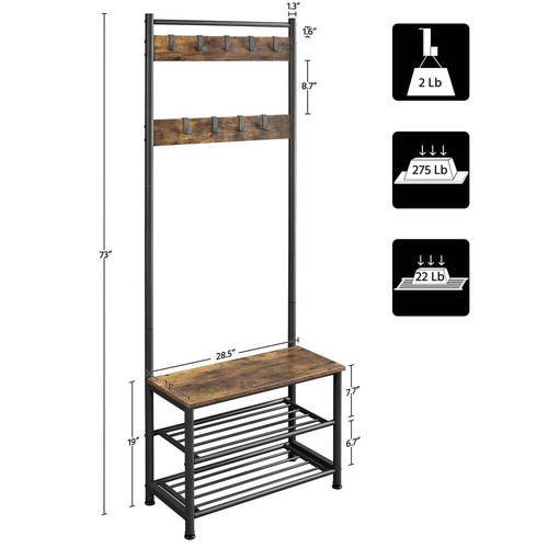 73" Metal Hall Tree with Shoe Storage Bench, Rustic Brown - Picture 5 of 10