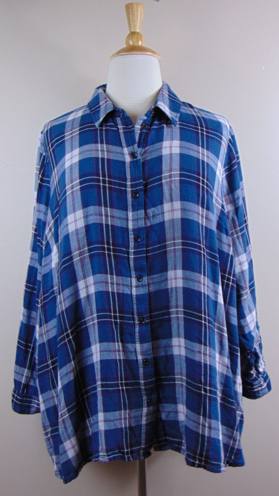 Lane Bryant Womens Size 26/28 Blue Plaid Flannel Roll Tab Button Front Top