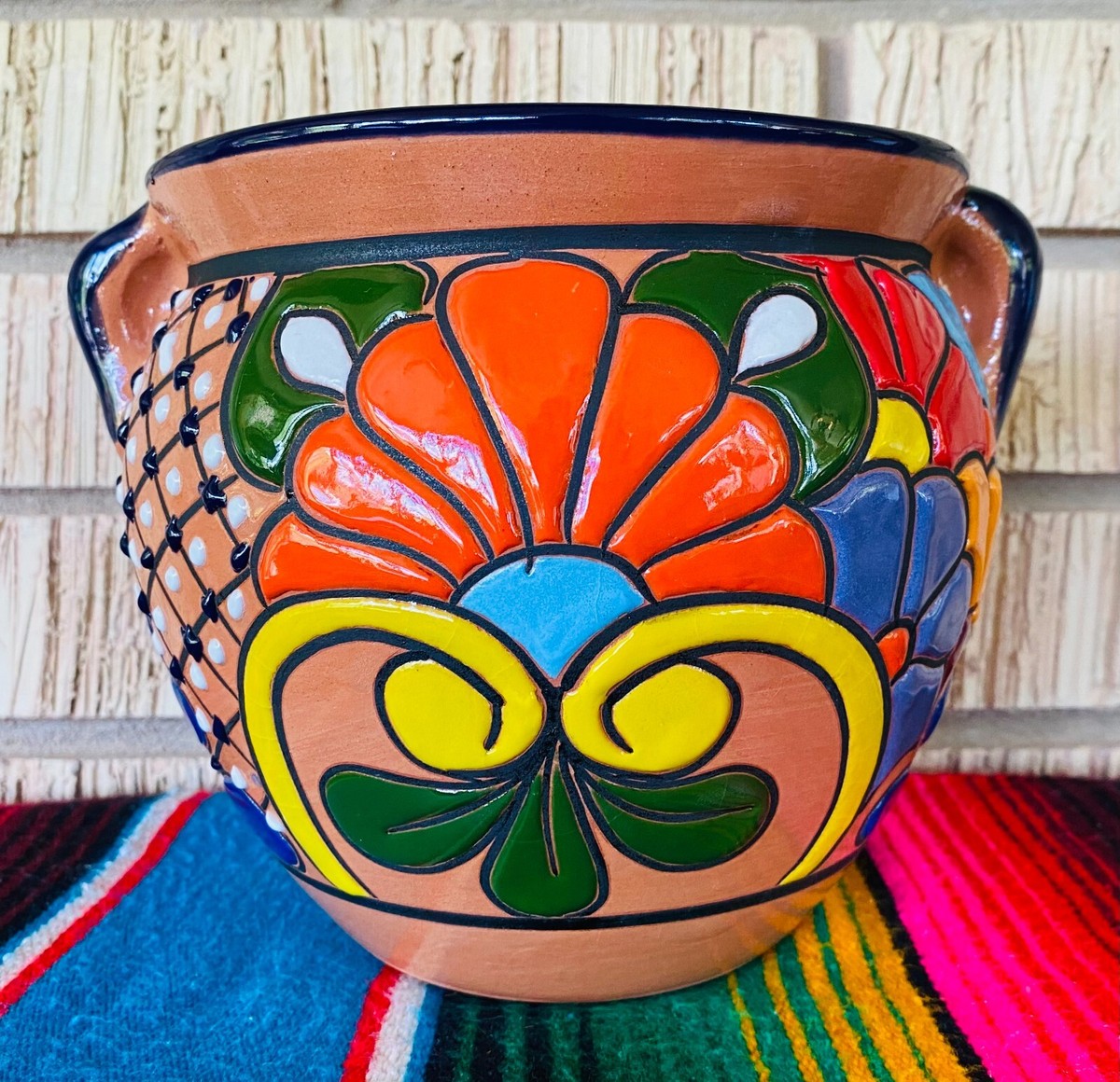 Lg MEXICAN TALAVERA Folk Art POTTERY FLOWER POT PLANTER CERAMIC #9