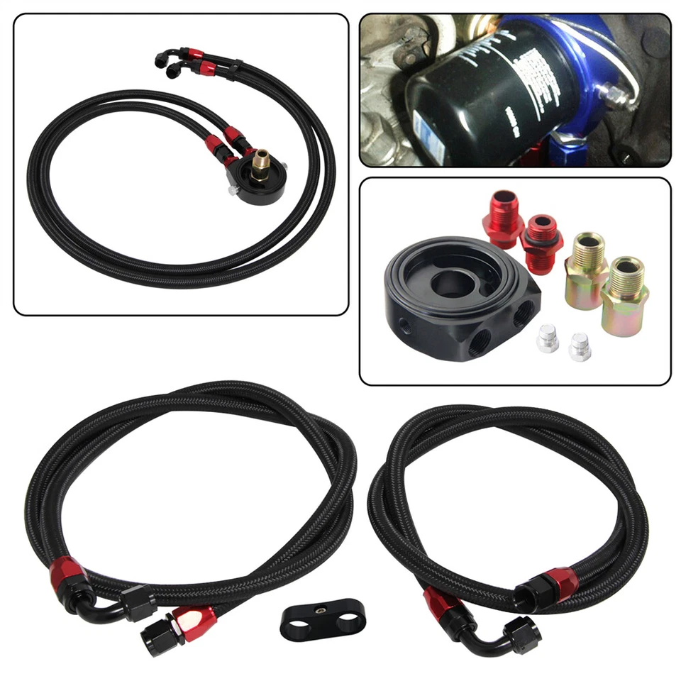 Adaptador sándwich filtro enfriador de aceite AN8 + Kit de accesorios de línea de aceite de acero de nailon negro Foto 4 de 4