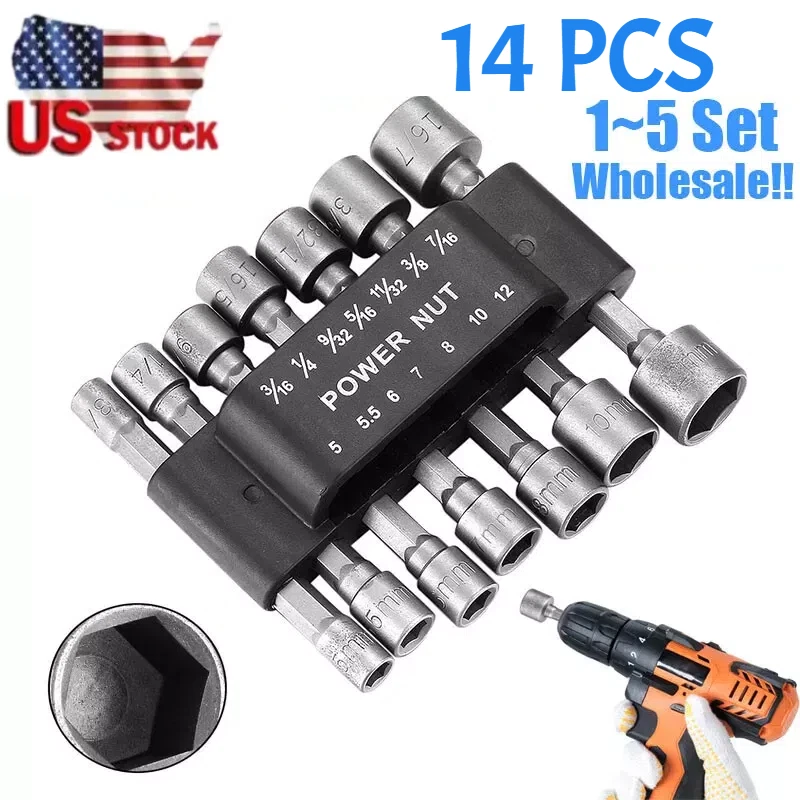 Juego de brocas de destornillador de tuerca eléctrica de 14 piezas cambio rápido MM y SAE impacto vástago hexagonal de 1/4" EE. UU. Foto 2 de 4