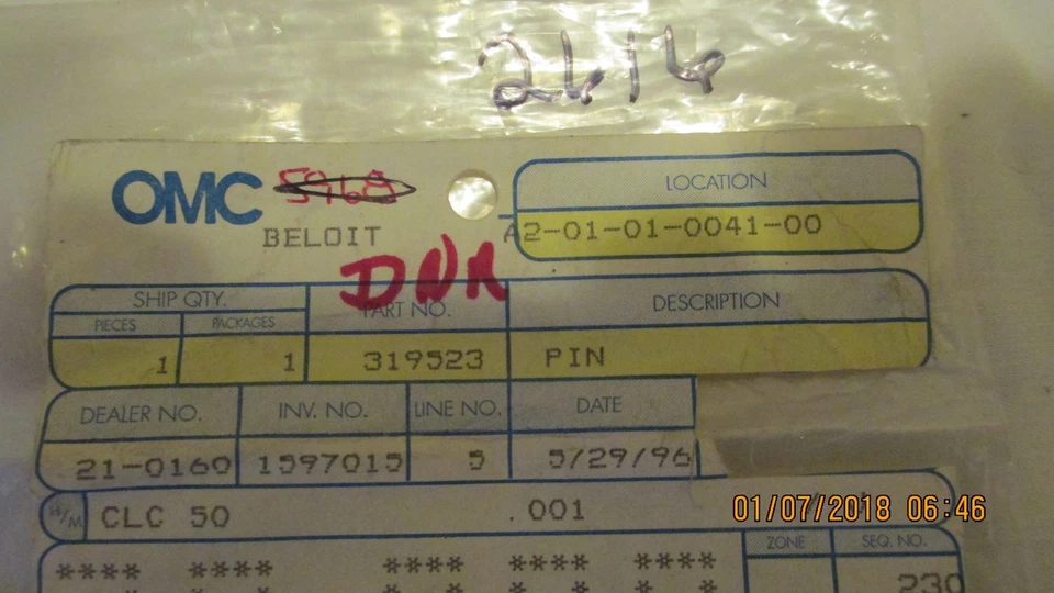 OMC Trolling Motor 0319523 319523 PIN, Pinion Gear, Steering (item 2616) - Image 2 of 2