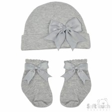 Baby Girls White Bow Cotton Hat  Sock Set 3-6m