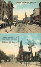 Postcard - Seattle, WA, Looking Up 3rd Ave. in 1897, & Later, Split View~C. 1910