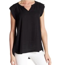 Pleione Chloe Split Neck Pleated Back Top in Black Size XS