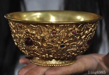 old China ancient bronze Gilt Inlay gem Dragon fish statue Tea cup Bowl Bowls