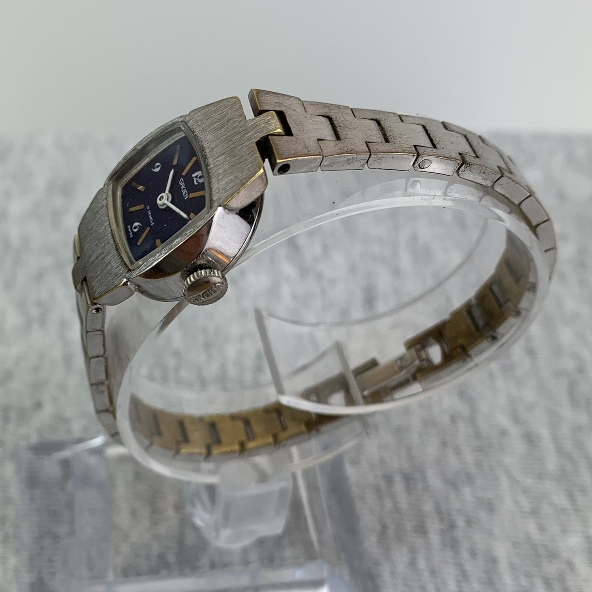 Vintage Gruen Ladies Watch 70.s TV face integrated Bracelet, navy dial Vintage Precision Gruen Ladies Watch, Navy Blue Leather Band  main image 4