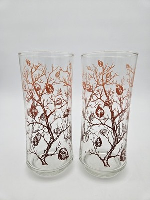 Libbey Autumn Tree Clear Highball Glasses  1970's Ombré Tones 6.5  Set of 2