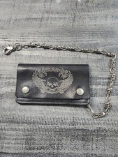 Men's Genuine Leather Snap Zipper Skull Chain Black Wallet USA Made