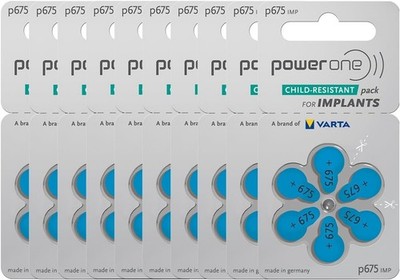 60 Power One Mercury Free Hearing Aid Batteries Size: 675P Cochlear Implant